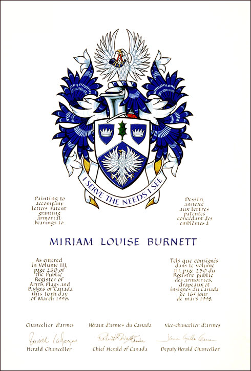 Letters patent granting heraldic emblems to Miriam Louise Burnett