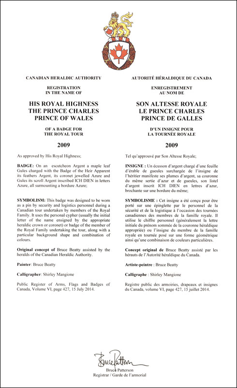 Letters patent registering the heraldic emblems of Prince Charles, Prince of Wales