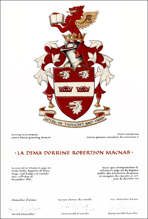 Letters patent granting heraldic emblems to La Dema Dorrine Robertson MacNab