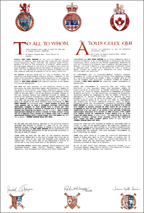 Letters patent granting heraldic emblems to Paul Athol Robison