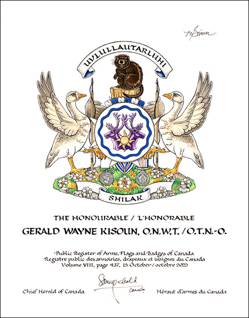 Letters patent granting heraldic emblems to Gerald Wayne Kisoun