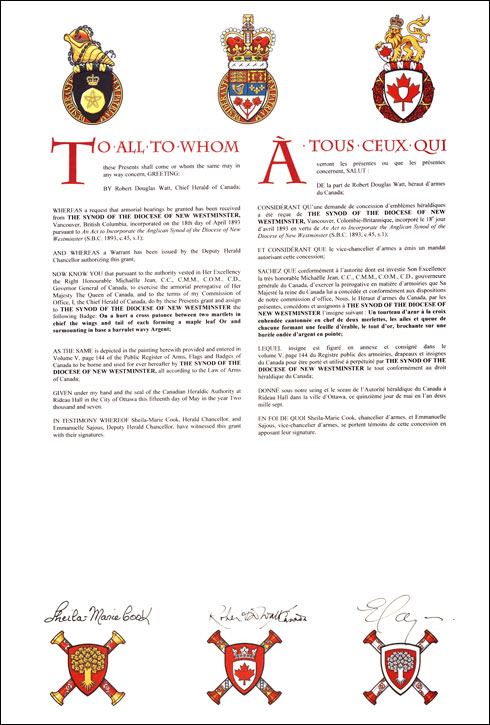 Letters patent granting heraldic emblems to The Synod of the Diocese of New Westminster