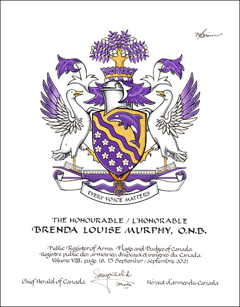 Letters patent granting heraldic emblems to Brenda Louise Murphy