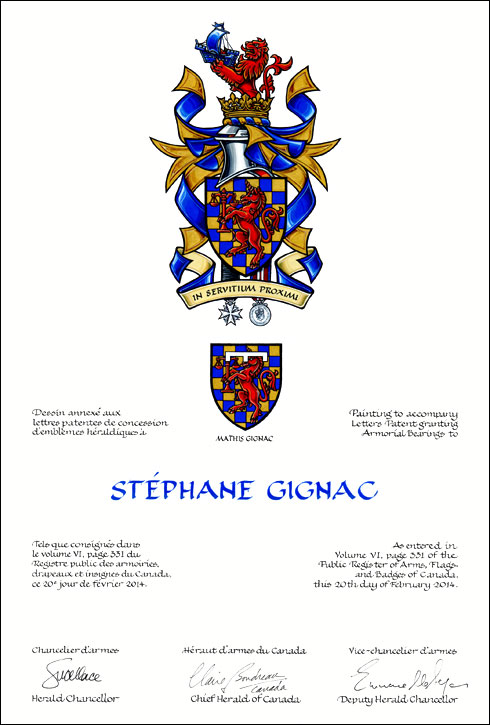 Letters patents granting heraldic emblems to Stéphane Gignac