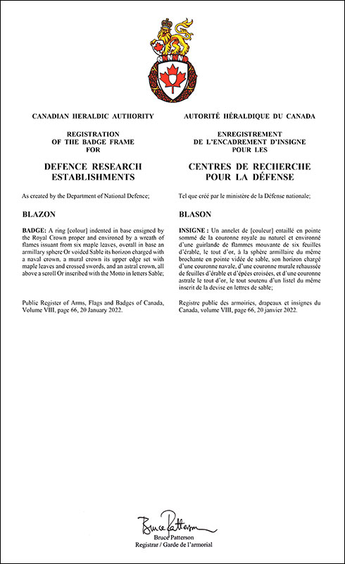 Lettres patentes enregistrant l'encadrement d'insigne pour les centres de recherches pour la défense des Forces armées canadiennes