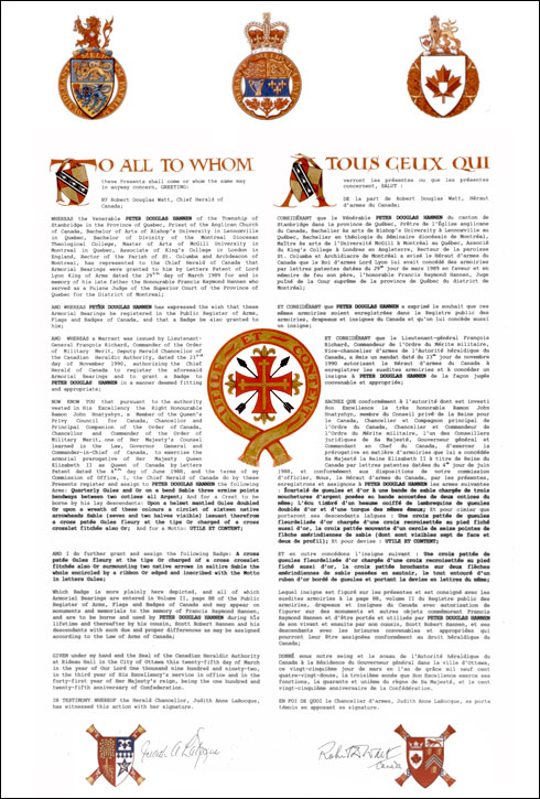 Letters patent registering the heraldic emblems of Peter Douglas Hannen