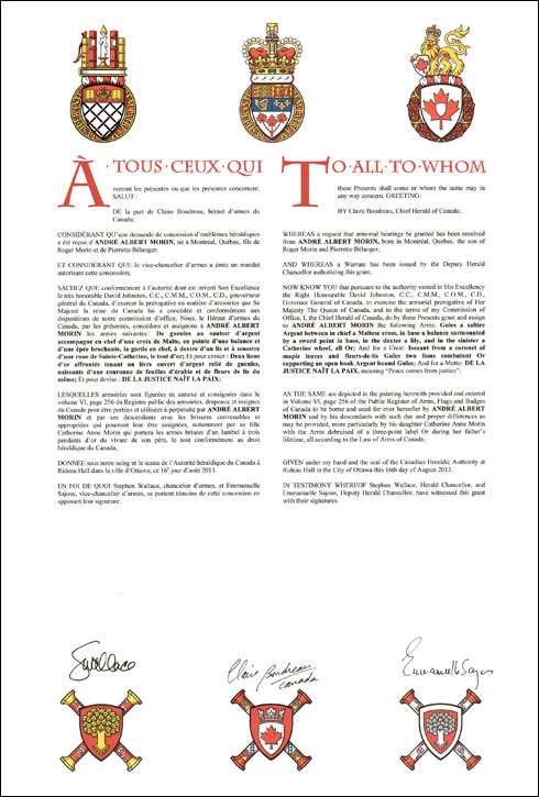 Letters patent granting heraldic emblems to André Albert Morin