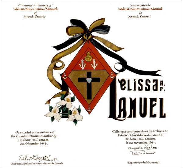 Letters patent granting differenced Arms to Melissa Anne Frances Manuel