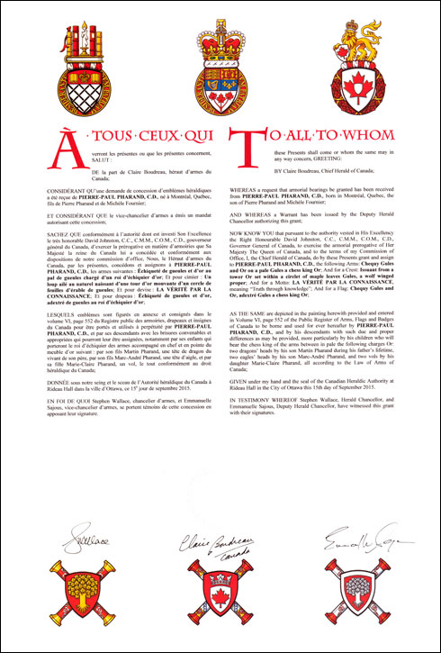 Letters patent granting heraldic emblems to Pierre-Paul Pharand