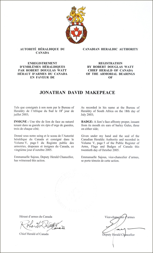 Lettres patentes enregistrant l'insigne de Jonathan David Makepeace