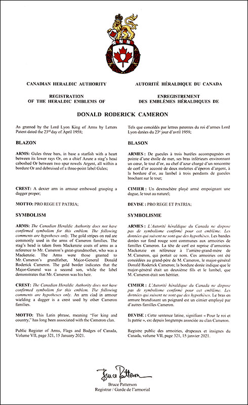 Lettres patentes enregistrant les emblèmes héraldiques de Donald Roderick Cameron