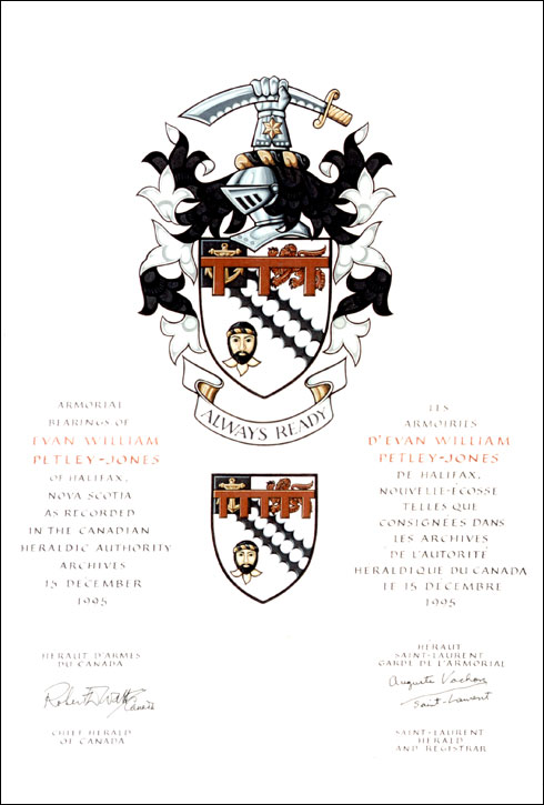 Letters patent granting differenced Arms to Evan William Petley-Jones and Evan Harold Petley-Jones