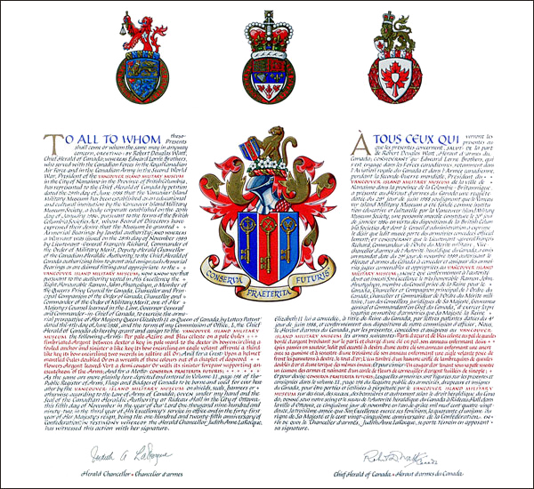 Letters patent granting heraldic emblems to the Vancouver Island Military Museum