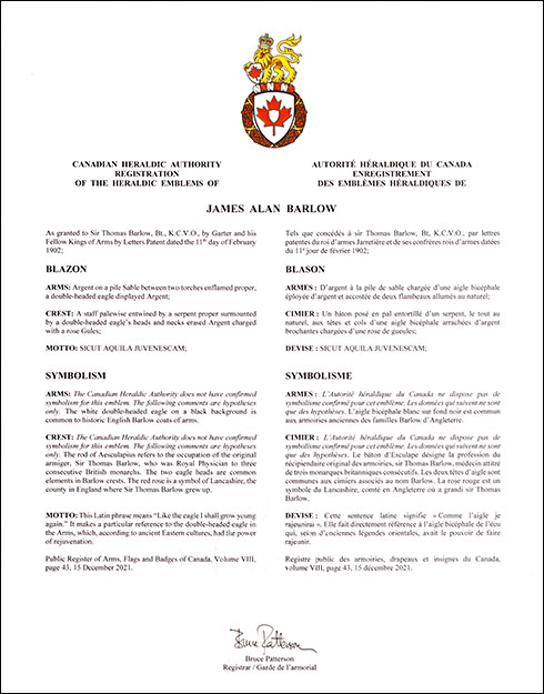 Letters patent registering the heraldic emblems of James Alan Barlow