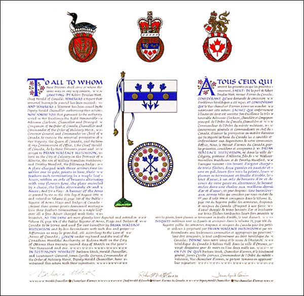 Letters patent granting heraldic emblems to Brian Wallace Hutchison