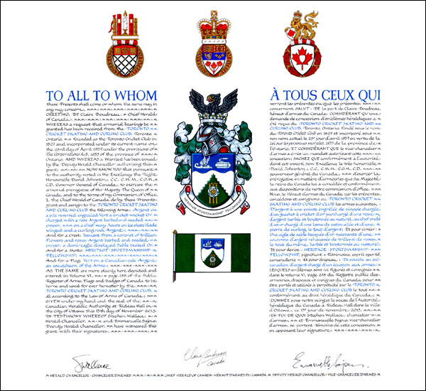 Letters patent granting heraldic emblems to the Toronto Cricket Skating and Curling Club