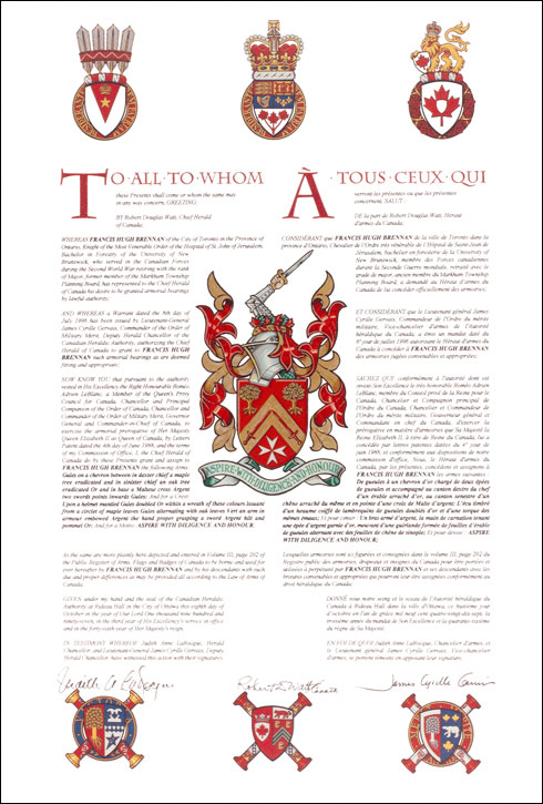 Letters patent granting heraldic emblems to Francis Hugh Brennan