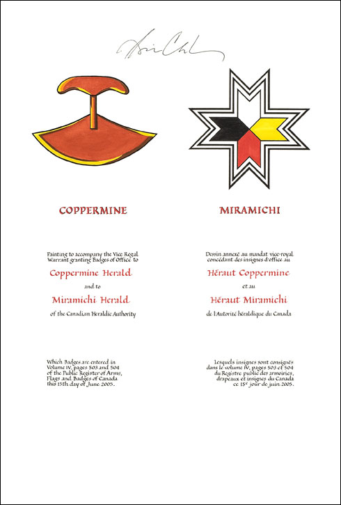 Vice Regal Warrant granting heraldic emblems to Coppermine Herald, Canadian Heraldic Authority