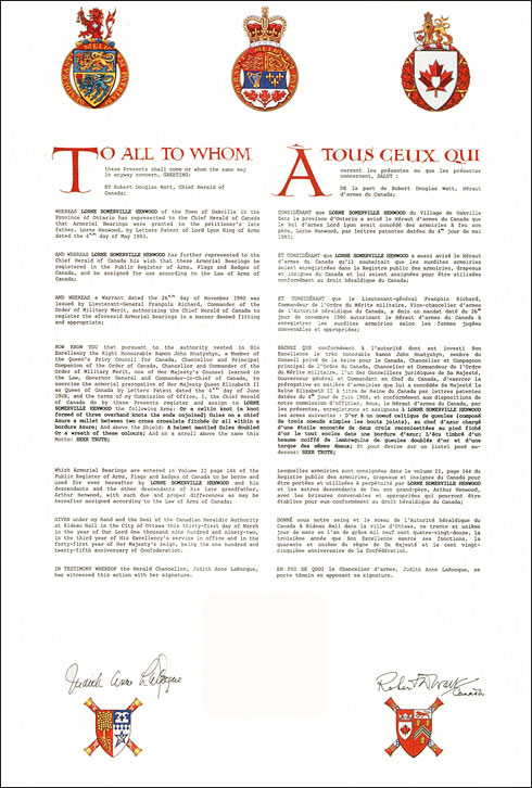 Letters patent registering the heraldic emblems of Lorne Somerville Henwood