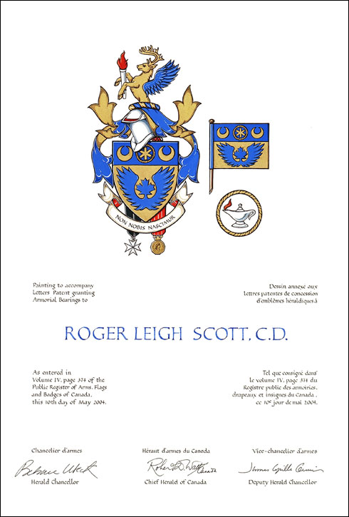 Letters patent granting heraldic emblems to Roger Leigh Scott