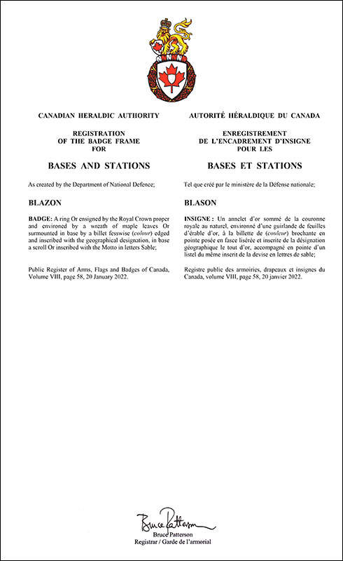 Letters patent registering the badge frame for Bases and Stations of the Canadian Armed Forces