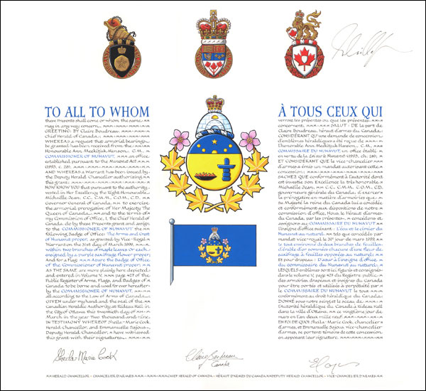 Letters patent granting heraldic emblems to the Commissioner of Nunavut