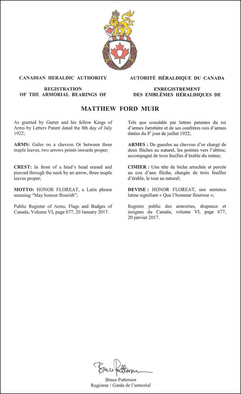 Letters patent registering the heraldic emblems of Matthew Ford Muir