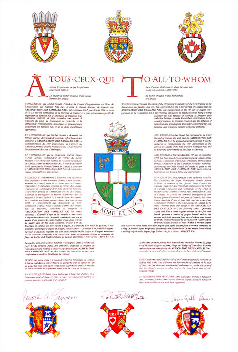 Letters patent granting heraldic emblems to the Association des familles Nau