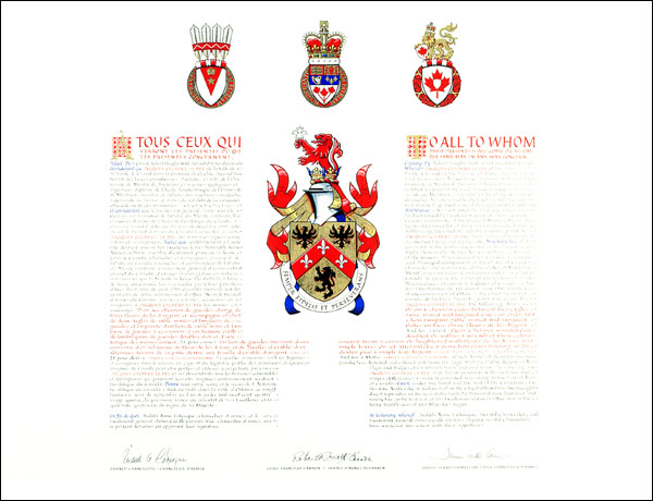 Letters patent granting Armorial Bearing to Jacques Gilbert Le Bel
