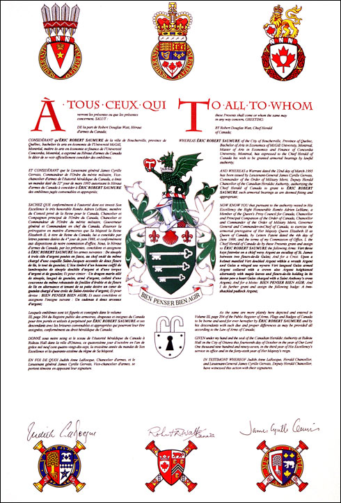 Letters patent granting heraldic emblems to Éric Robert Saumure