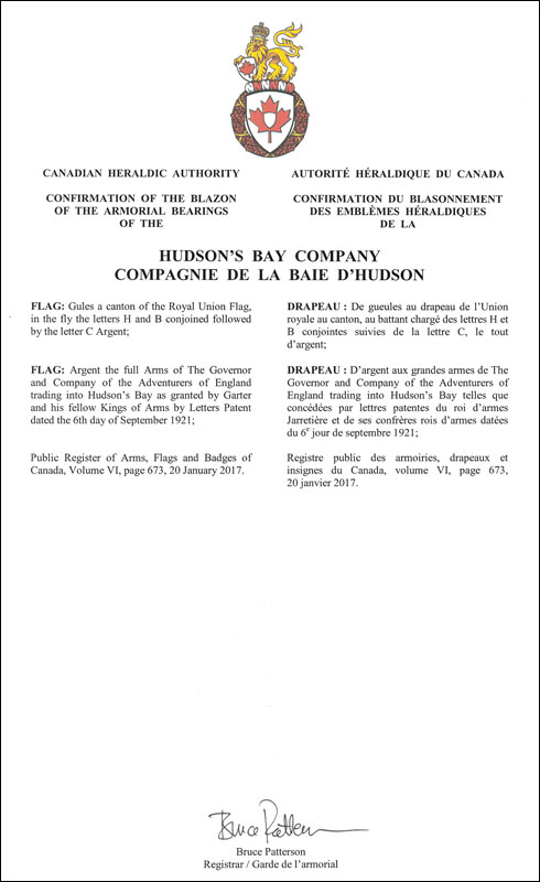 Letters patent confirming the flags of the Hudson's Bay Company