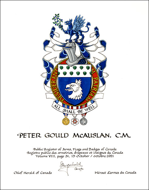 Letters patent granting heraldic emblems to Peter Gould McAuslan