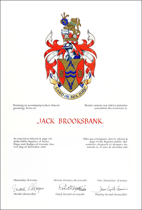 Letters patent granting heraldic emblems to Jack Brooksbank