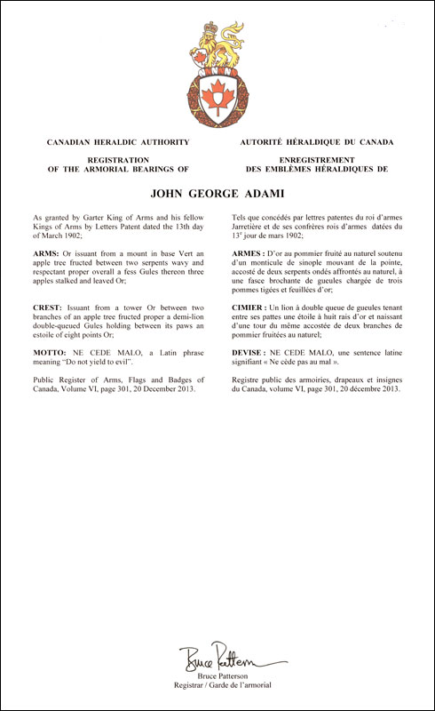 Letters patent registering the heraldic emblems of John George Adami