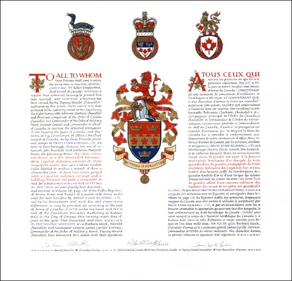 Letters patent granting heraldic emblems to David Evan Rumball