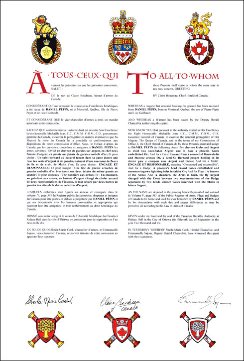 Letters patent granting heraldic emblems to Daniel Pépin