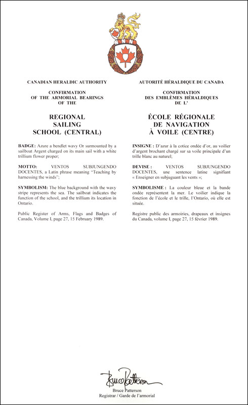 Letters patent confirming the badge of the Regional Sailing School (Central)