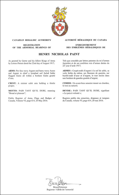 Letters patent registering the heraldic emblems of Henry Nicholas Paint