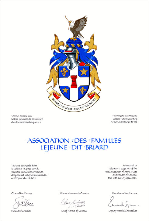 Letters patent granting heraldic emblems to the Association des familles Lejeune dit Briard