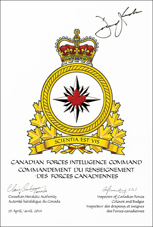 Letters patent approving the Badge of the Canadian Forces Intelligence Command