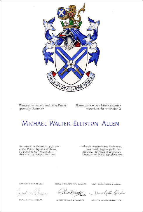 Letters patent granting heraldic emblems to Michael Walter Elliston Allen