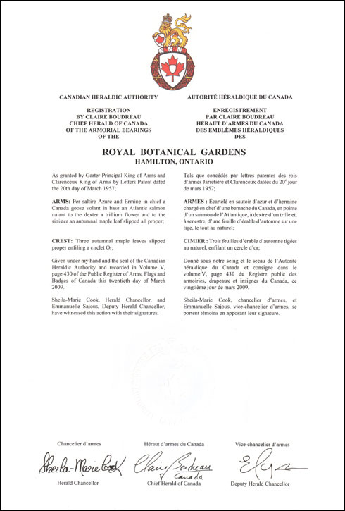 Letters patent registering the heraldic emblems of the Royal Botanical Gardens
