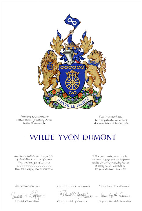Lettres patentes concédant des emblèmes héraldiques à Willie Yvon Dumont