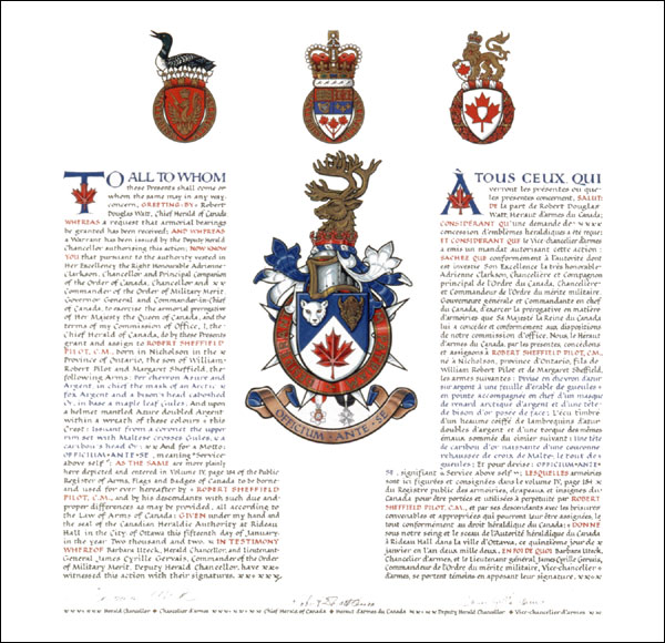 Letters patent granting heraldic emblems to Robert Sheffield Pilot