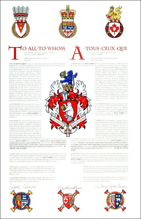 Letters patent granting heraldic emblems to Donn Larsen