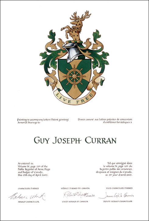 Letters patent granting heraldic emblems to Guy Joseph Curran