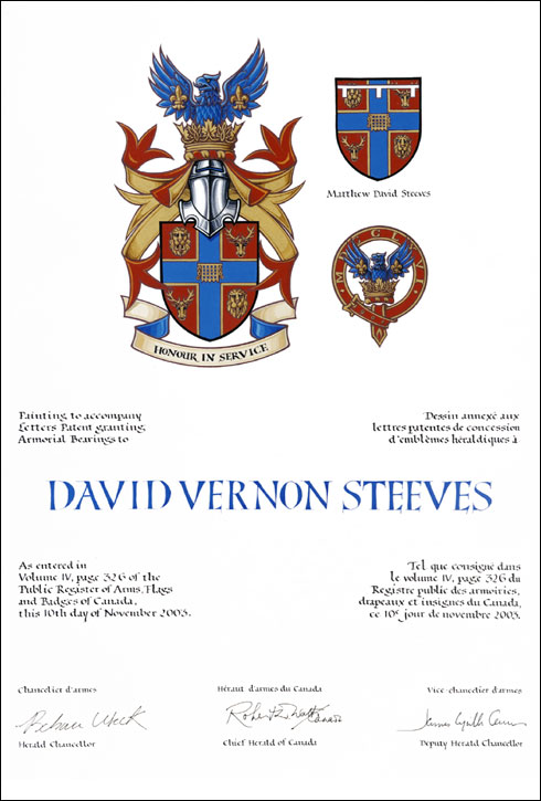 Letters patent granting heraldic emblems to David Vernon Steeves