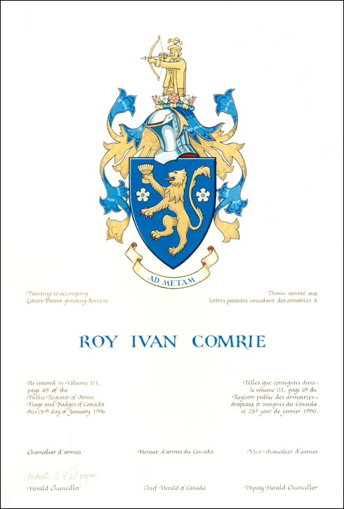 Letters patent granting heraldic emblems to Roy Ivan Comrie