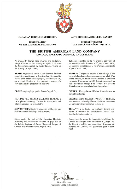 Letters patent registering the heraldic emblems of The British American Land Company