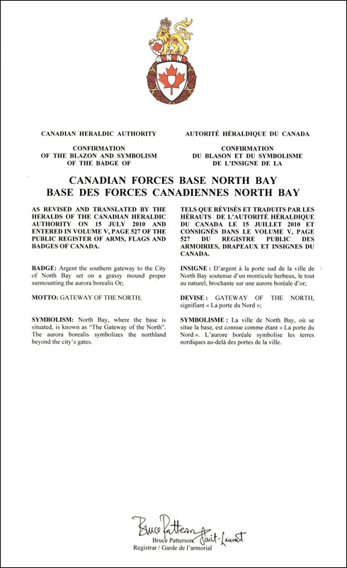 Letters patent confirming the blazon of the Badge of Canadian Forces Base North Bay